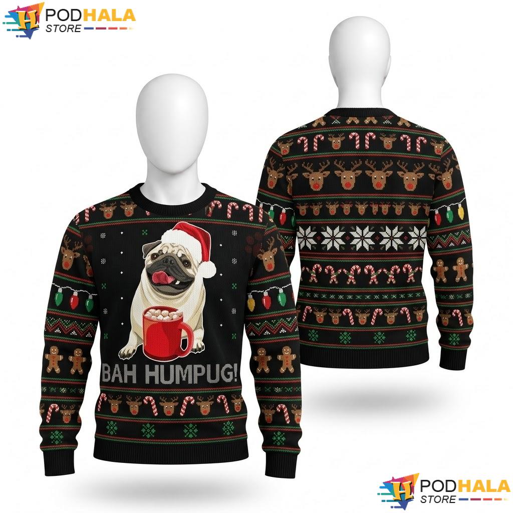 Pug Cute Dog Lover Ugly Christmas Sweater Bah Humpug Funny Top