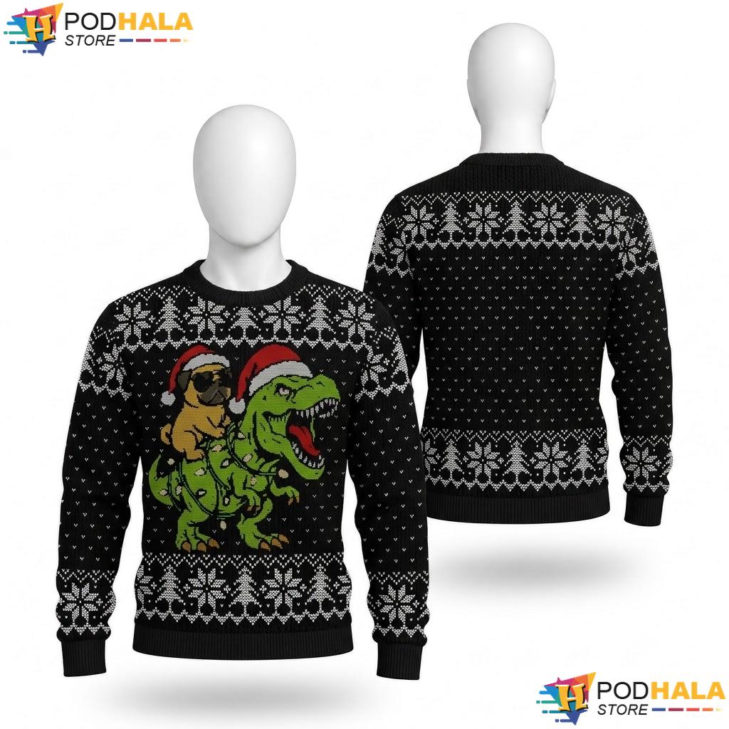 Pug Riding Dinosaur Ugly Christmas Sweater Funny Xmas Holiday Outfit
