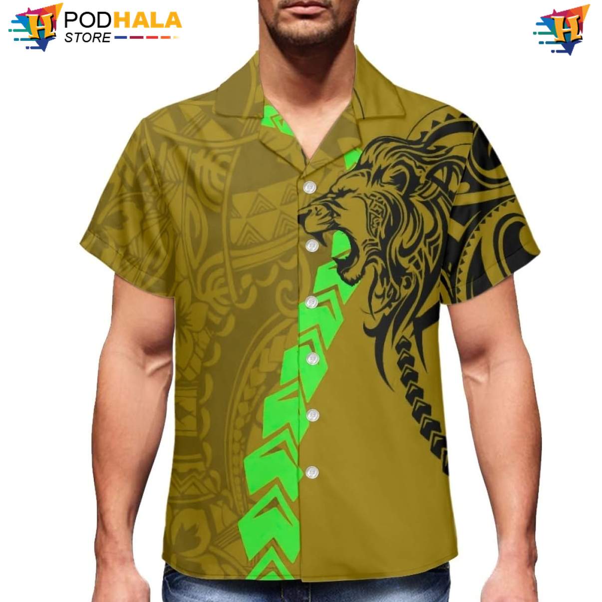 Puletasi Tapa Lion Short-sleeve button-up shirt Mens Polynesian Samoa Beachwear Outfit Puletasi Tapa Lion Short-sleeve button-up shirt Mens Polynesian Samoa Beachwear Outfit