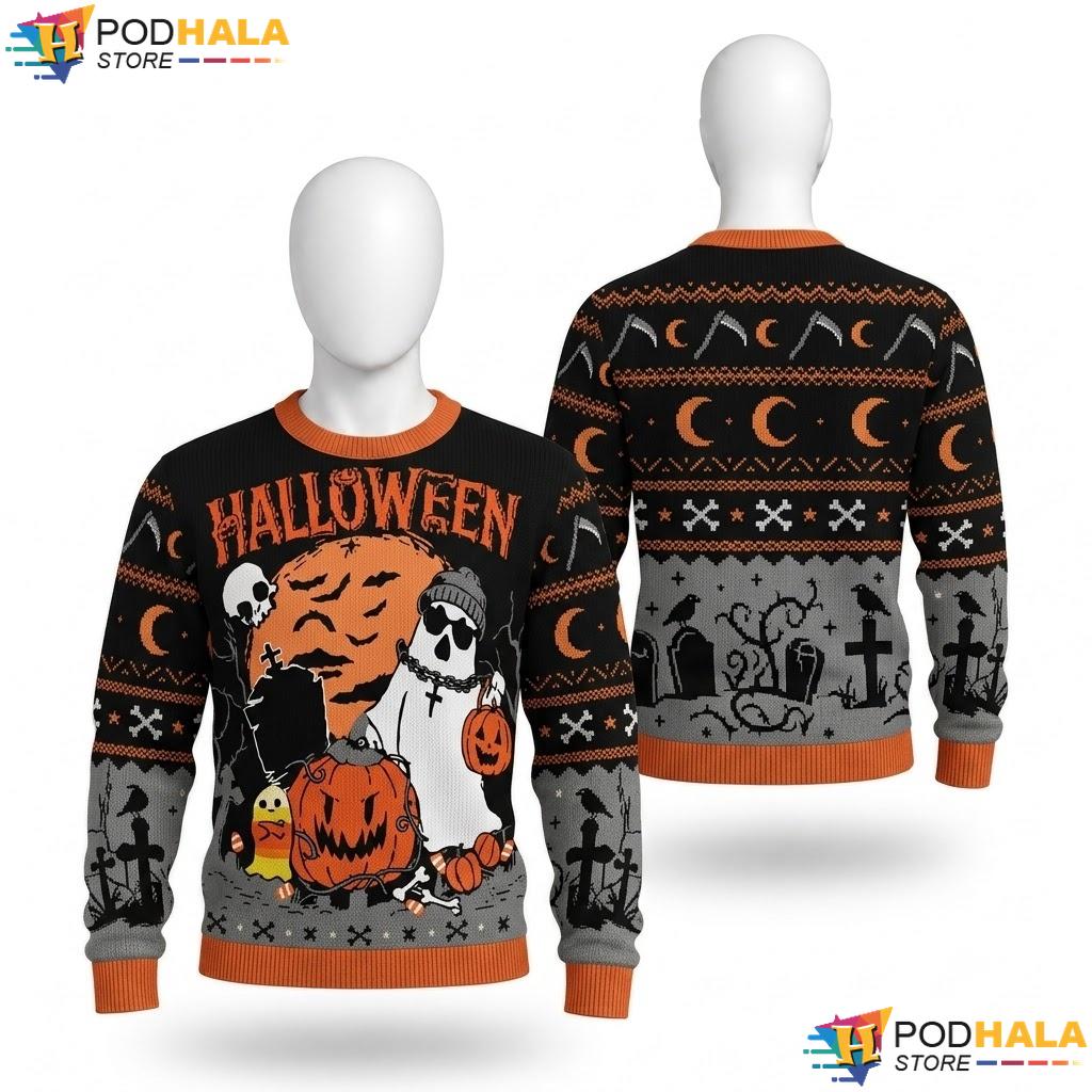 Pumpkin Ghost Orange Halloween Sweater Cool Skeleton Gravestones Top