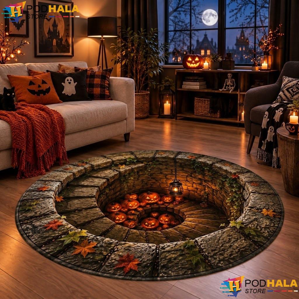 Pumpkin Gothic Illusion Halloween Round Area Rug 3D Spooky Floor Decor