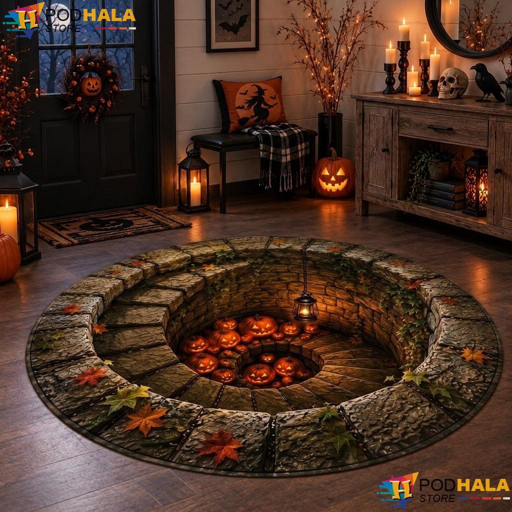 Pumpkin Gothic Illusion Halloween Round Area Rug 3D Spooky Floor Decor - View 1 Pumpkin Gothic Illusion Halloween Round Area Rug 3D Spooky Floor Decor - View 1