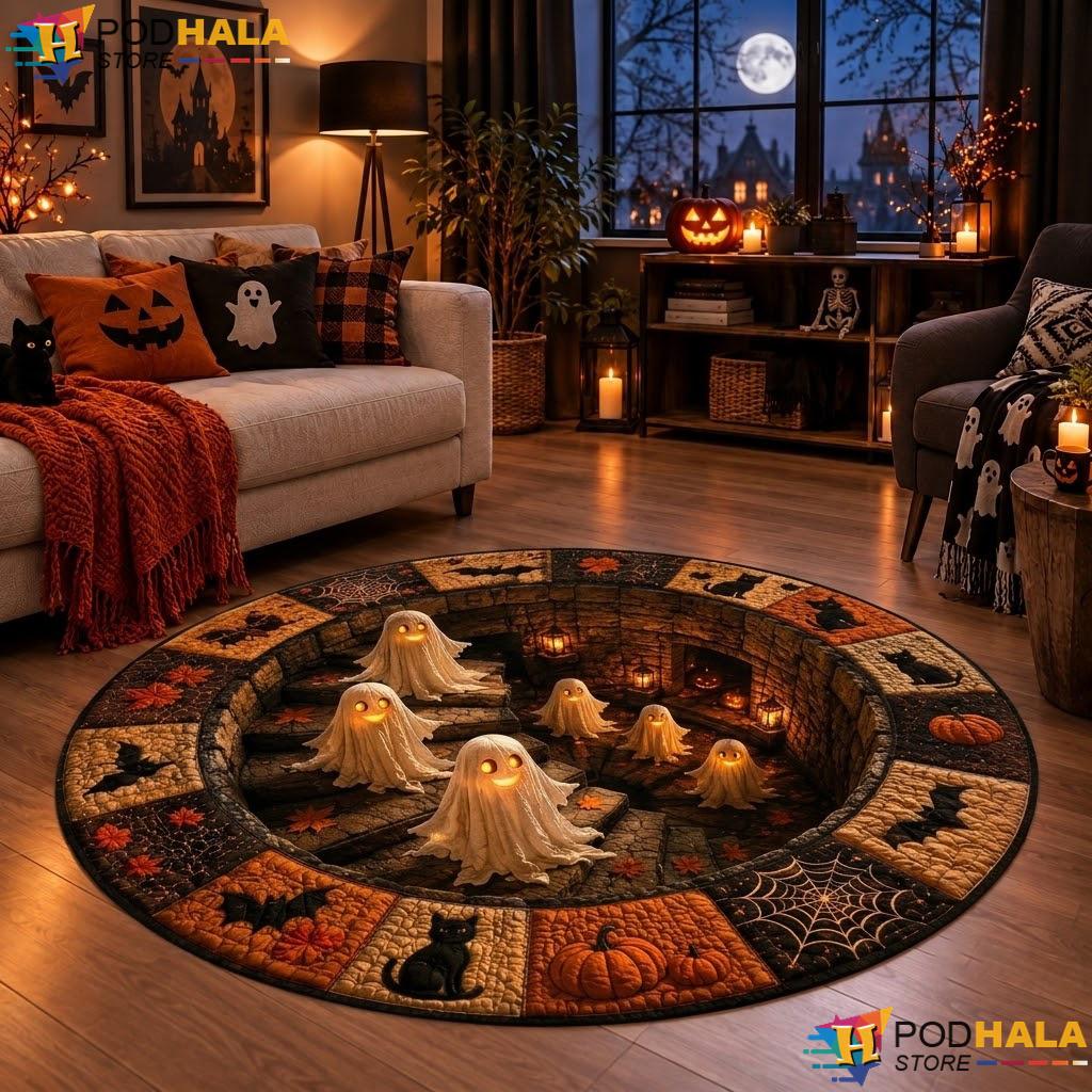 Pumpkin Skeleton Vortex Halloween Round Area Rug 3D Gothic Spooky Decor