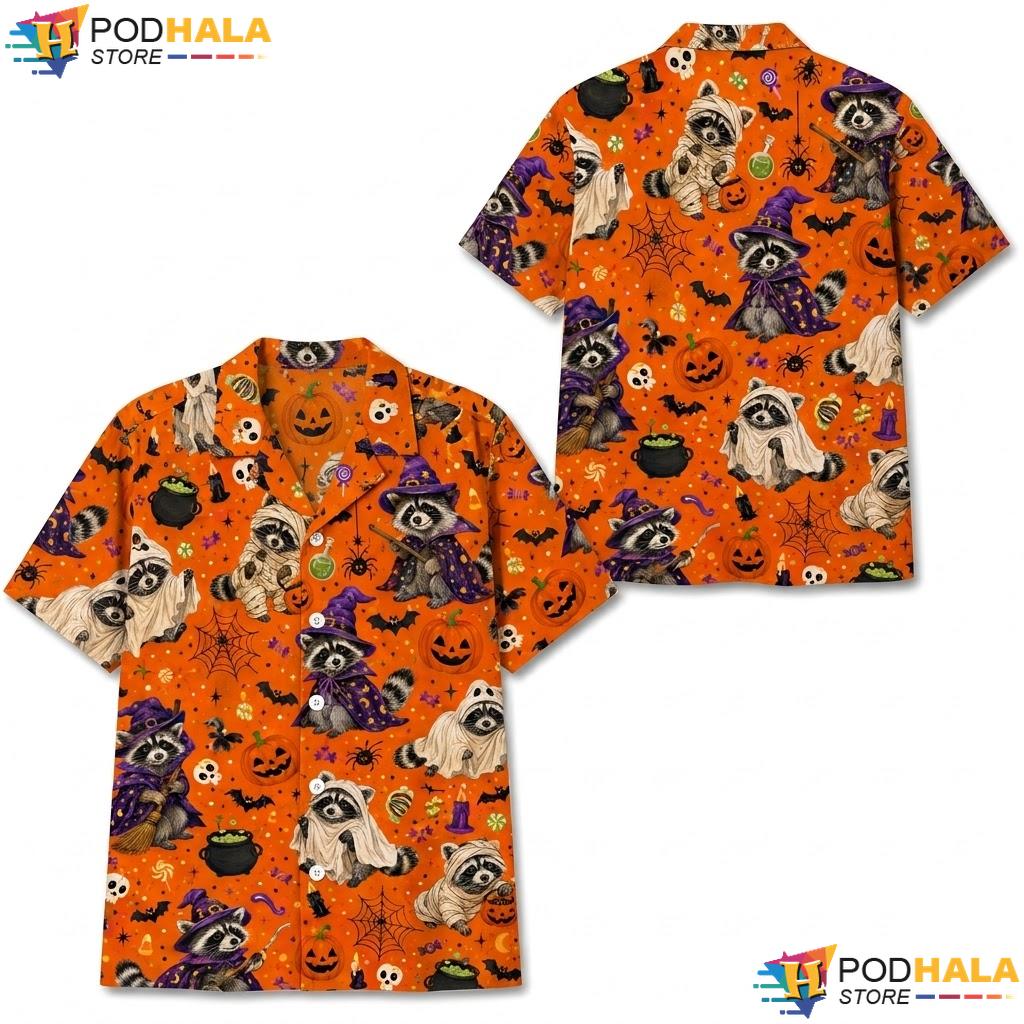 Pumpkin Spider Raccoon Hawaiian Shirt Festive Halloween Party Apparel