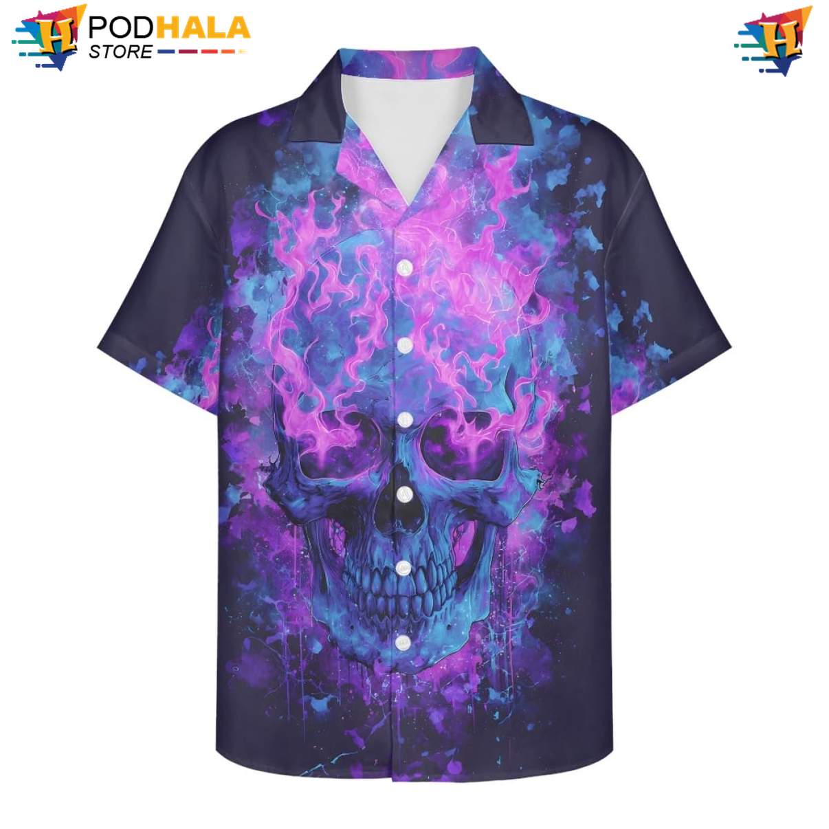 Purple Blue Flame Skull Aloha Shirt Mens Floral Spread Collar Beach Apparel