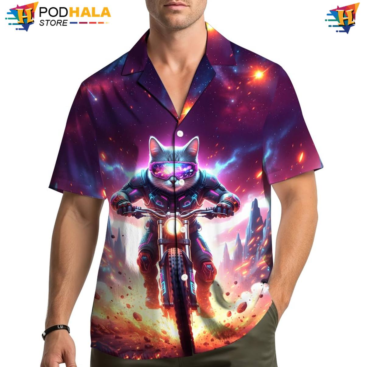 Purple Cat Hawaiian Shirt Mens Short Sleeve Button Down Summer Beach Top