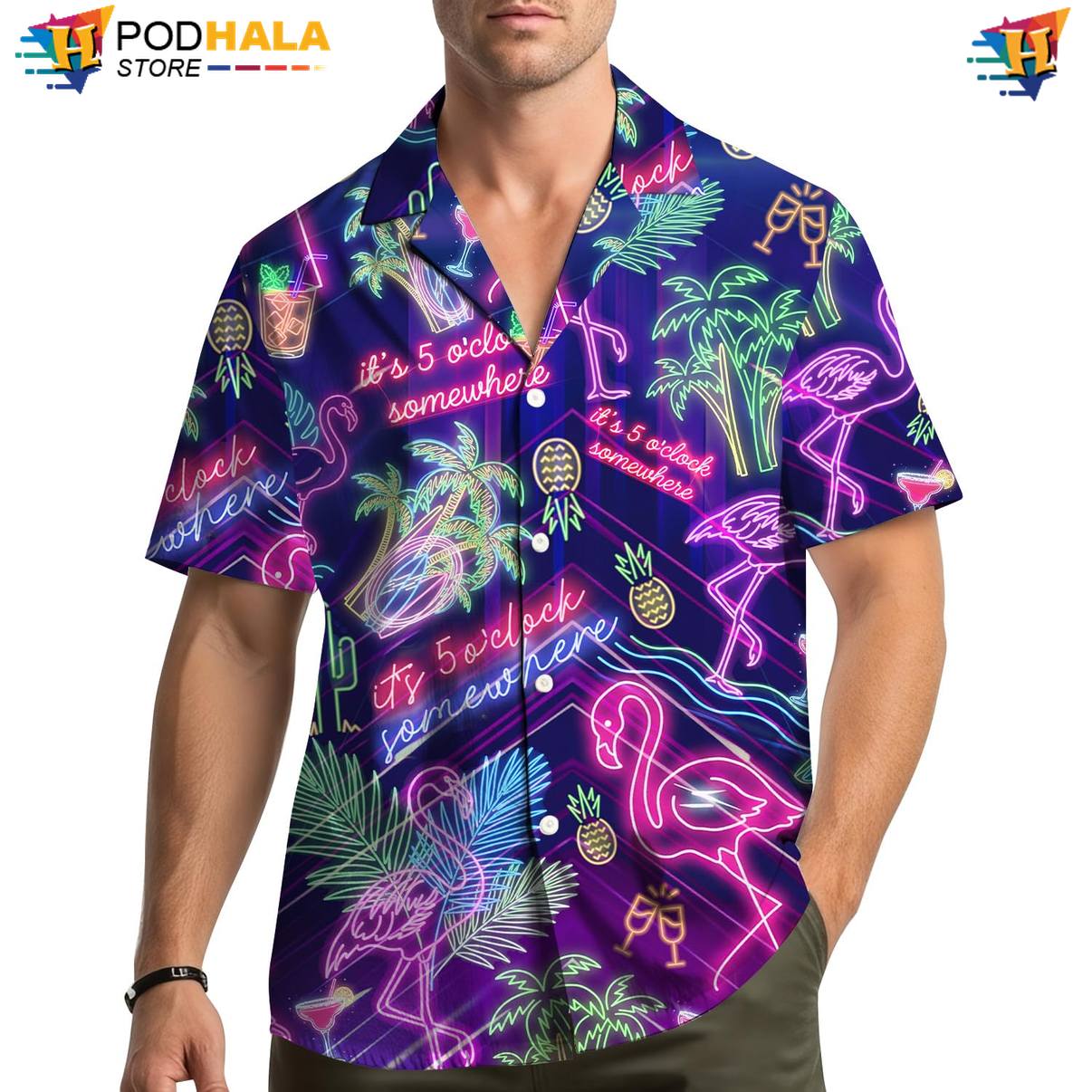 Purple Neon Night Hawaiian Shirt Mens Short Sleeve Casual Beachwear Top