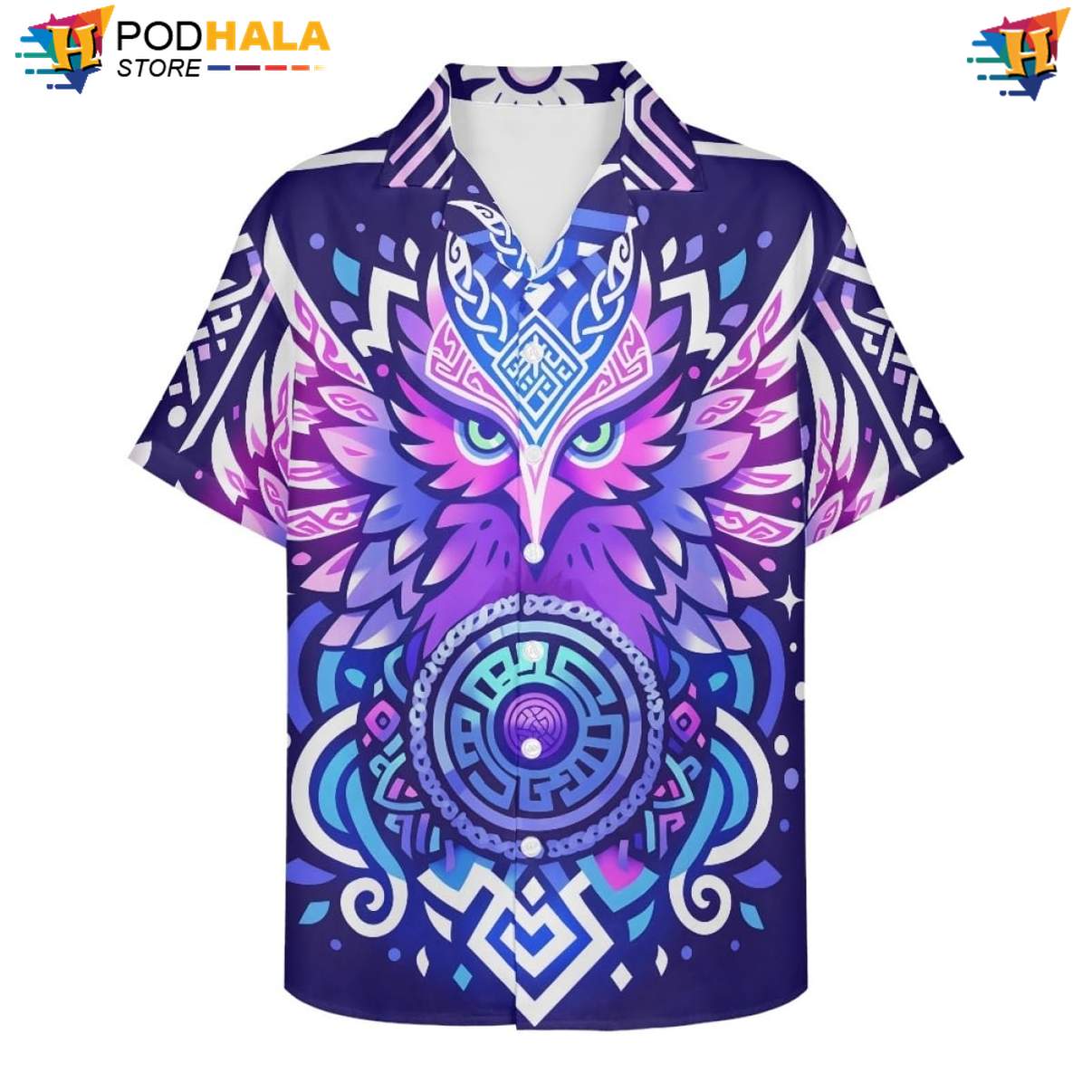 Purple Neon Owl Hawaiian Shirt Mens Norse Mythology Festival Beach Gear