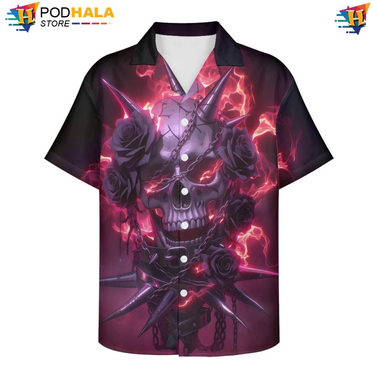 Purple Rose Flame Skull Aloha Shirt Mens Floral Spread Collar Beach Apparel