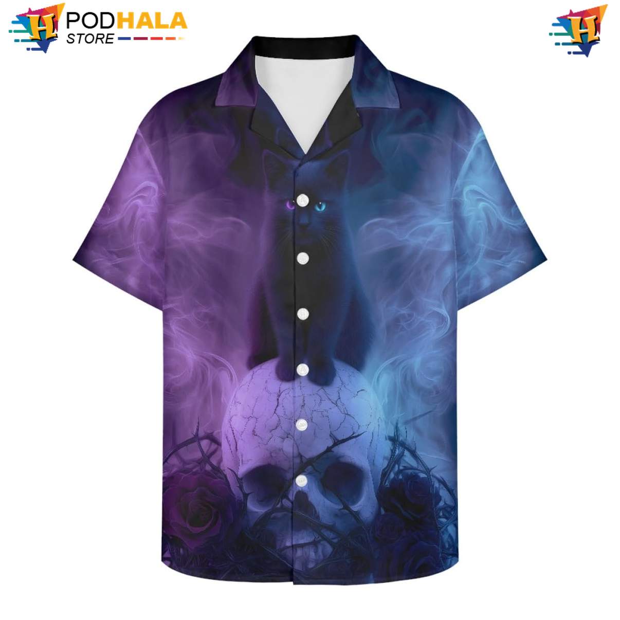 Purple Smoke Cat Hawaiian Shirt Mens Floral Beach Button Down Holiday Gear