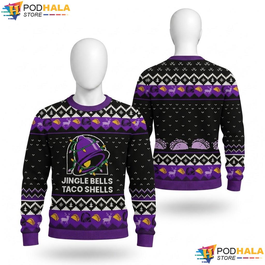 Purple Taco Jingle Bells Shells Ugly Sweater Funny Holiday Knit Pullover