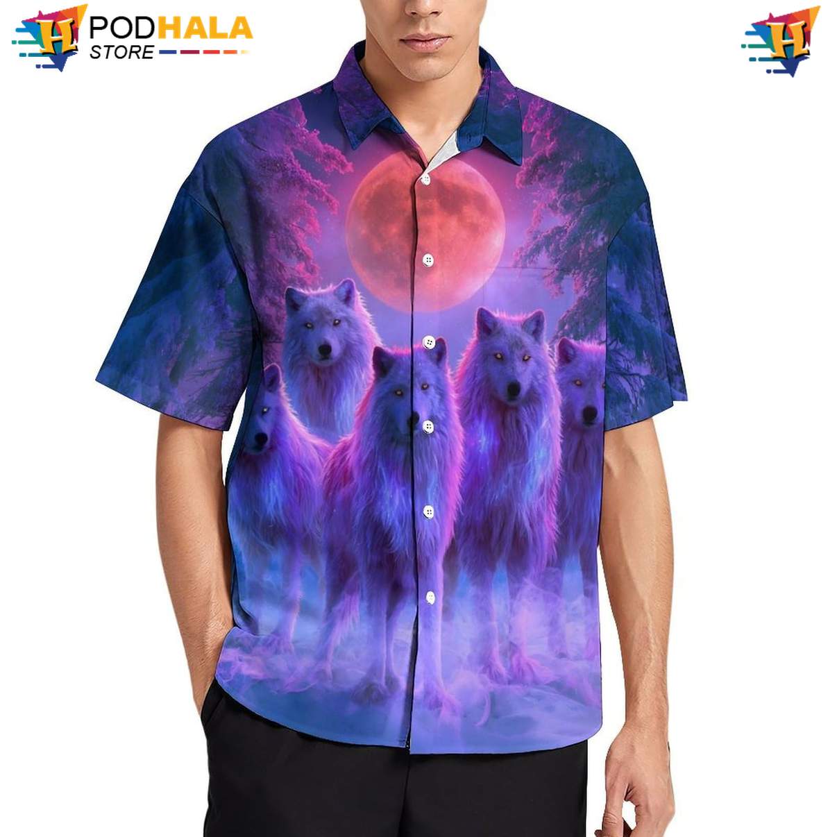 Purple Wolf Pack Aloha Shirt Mens Moon Cool Galaxy Print Beachwear Outfit