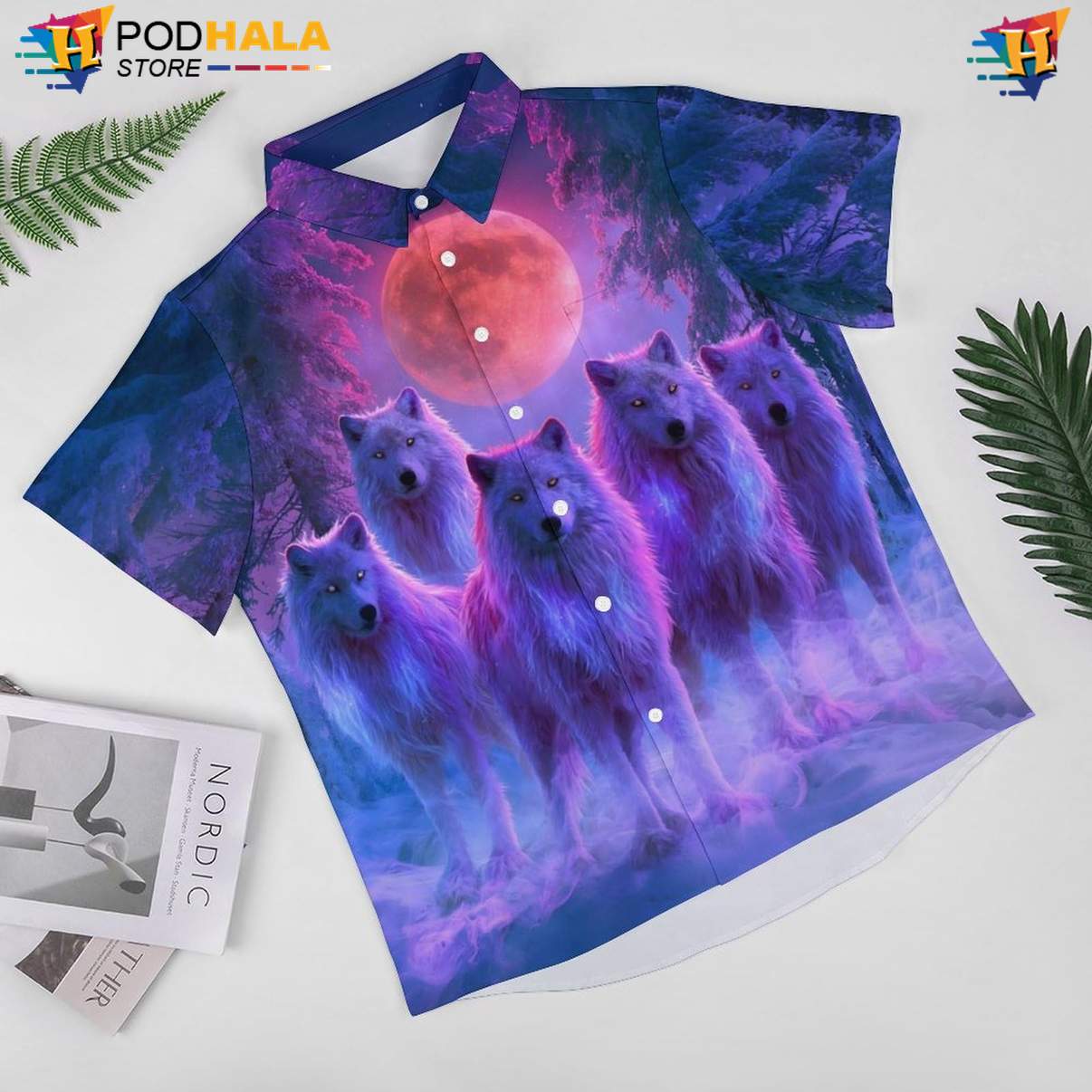 Purple Wolf Pack Tropical Shirt Mens Moon Cool Galaxy Print Beachwear Outfit Purple Wolf Pack Tropical Shirt Mens Moon Cool Galaxy Print Beachwear Outfit