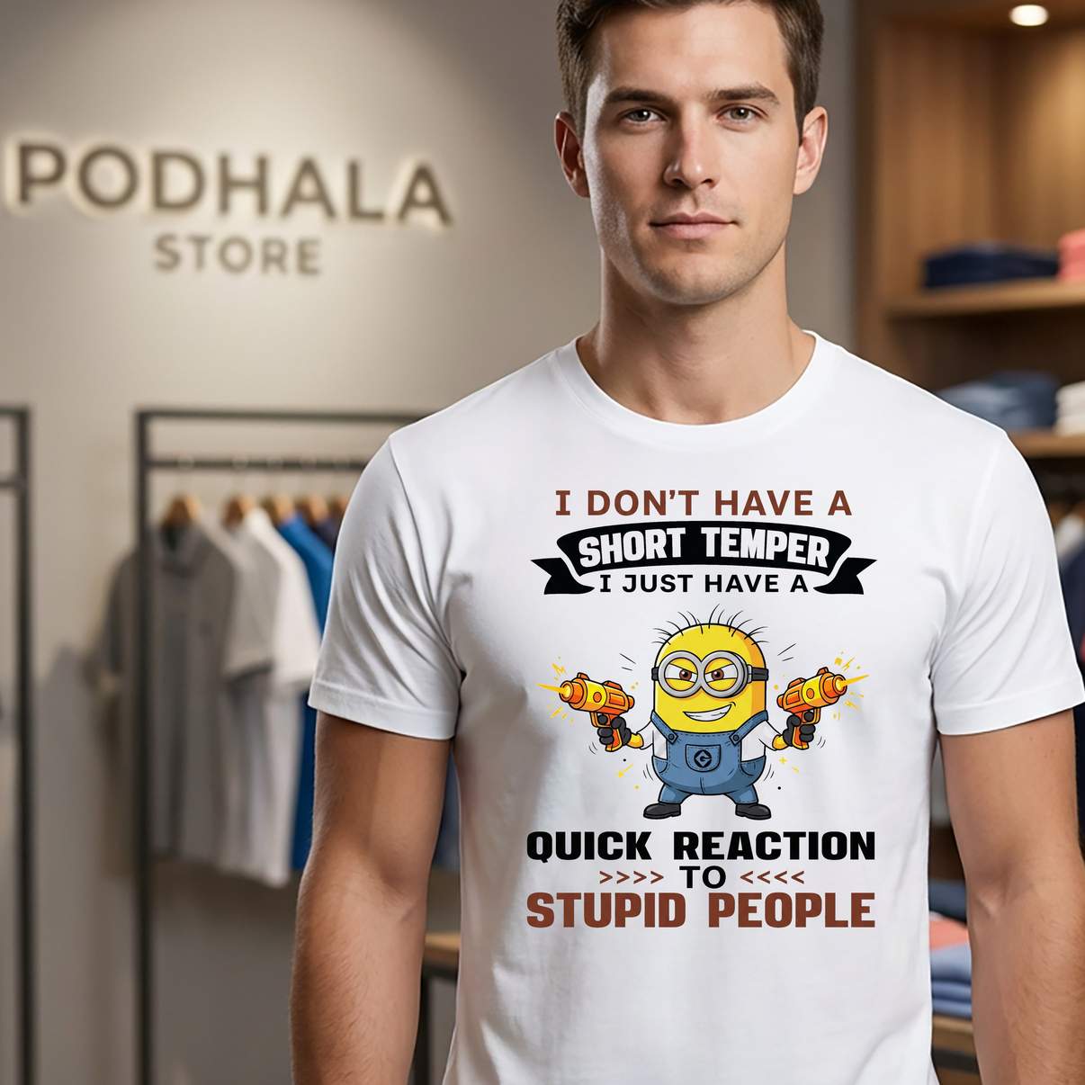 Quick Reaction To Stupid People Shirt Funny Minion Meme Graphic Design Mens