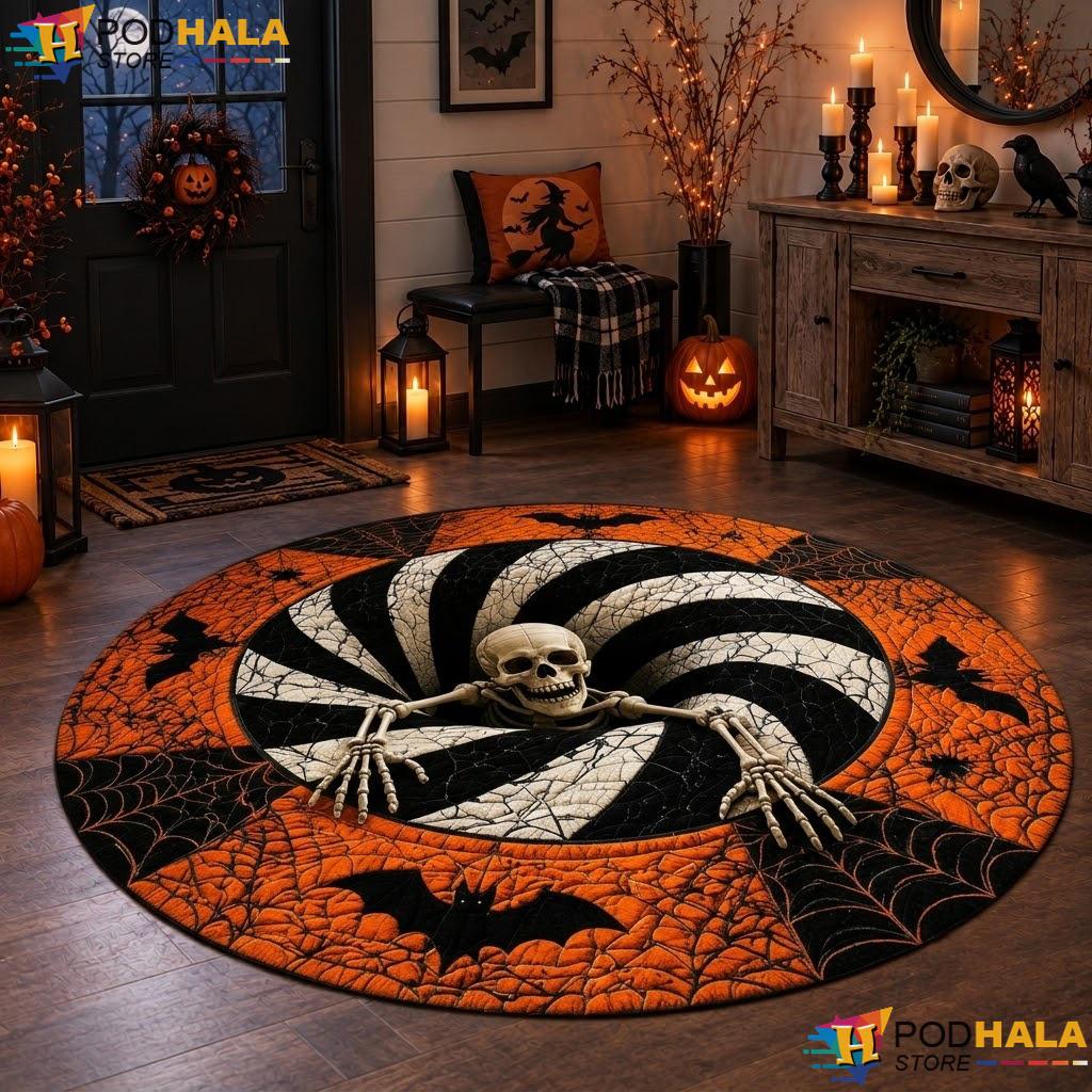 Quilted Skeleton Hole Halloween Round Area Rug 3D Spooky Optical Illusion
