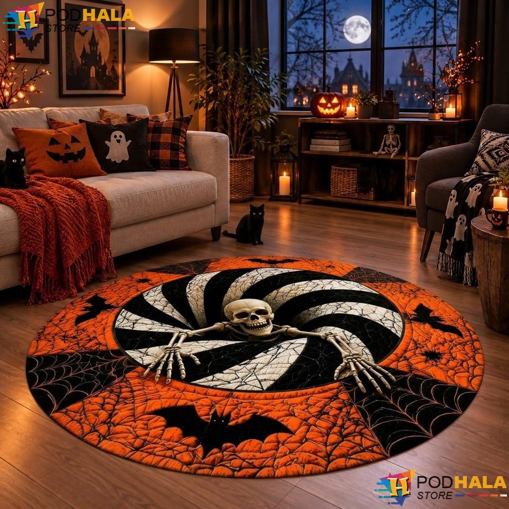 Quilted Skeleton Hole Halloween Round Area Rug 3D Spooky Optical Illusion - View 1 Quilted Skeleton Hole Halloween Round Area Rug 3D Spooky Optical Illusion - View 1