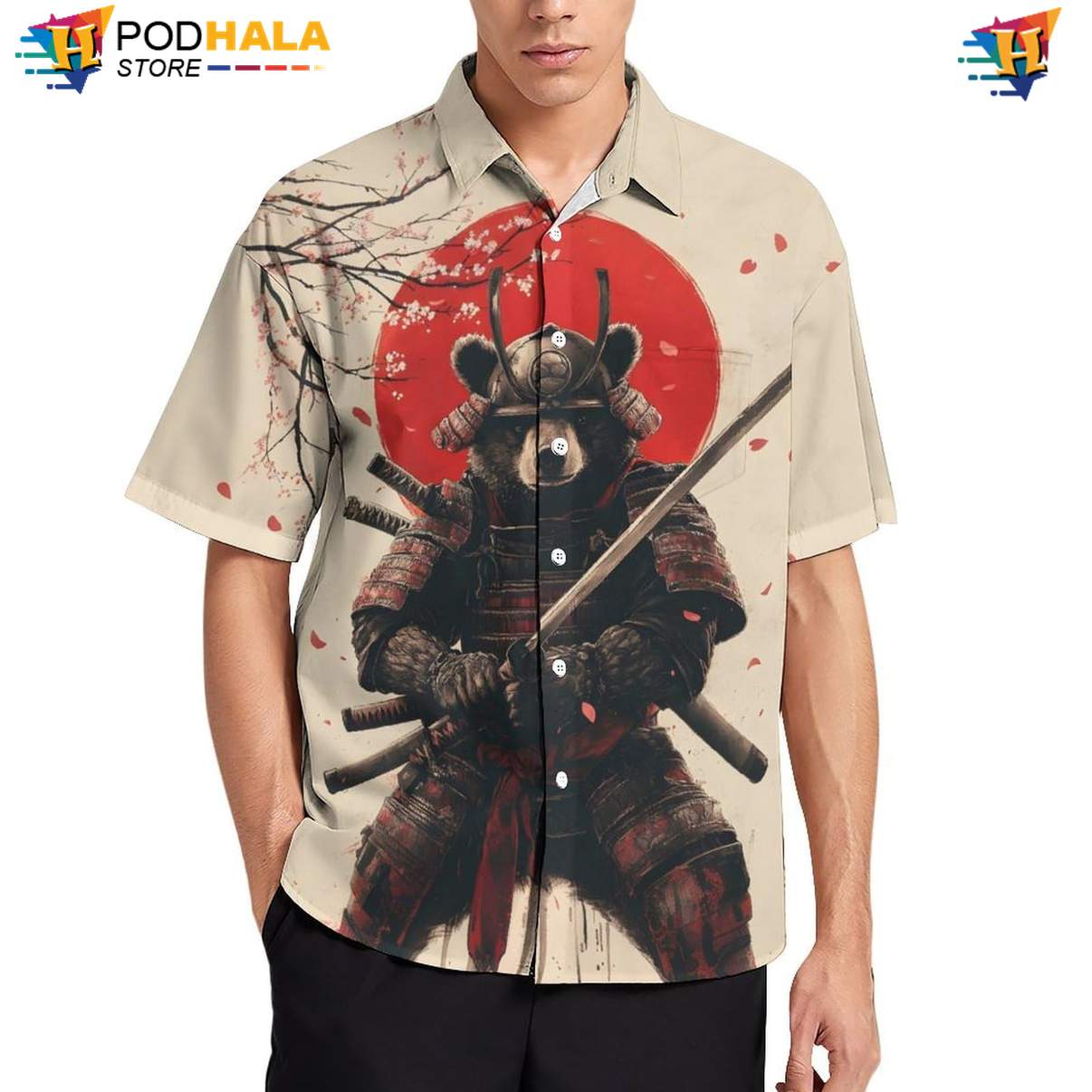Quirky Bear Samurai Hawaiian Shirt, Funny Summer Button Down With Cherry Blossoms