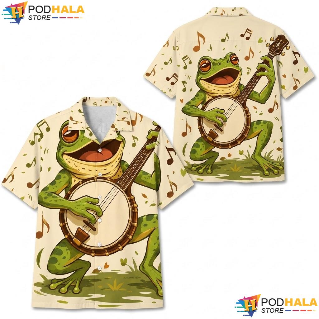 Quirky Frog Banjo Hawaiian Shirt Comical Summer Casual Button Down Top
