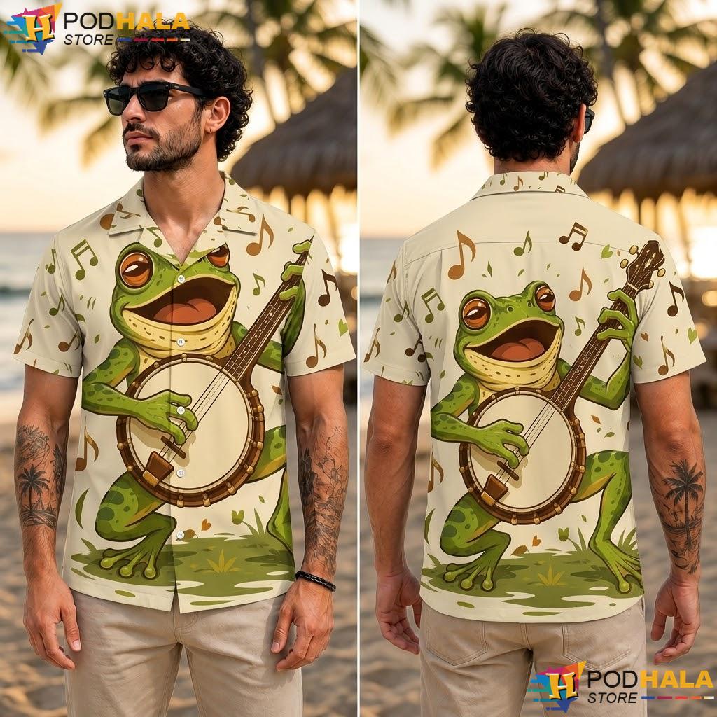 Quirky Frog Banjo Aloha Shirt Comical Summer Casual Button Down Top Quirky Frog Banjo Aloha Shirt Comical Summer Casual Button Down Top