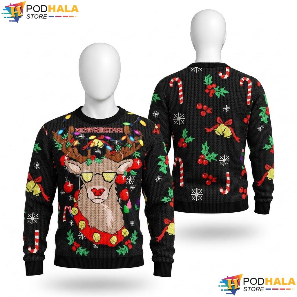 Quirky Reindeer Festive Cartoon Sweater Christmas Holiday Party Apparel