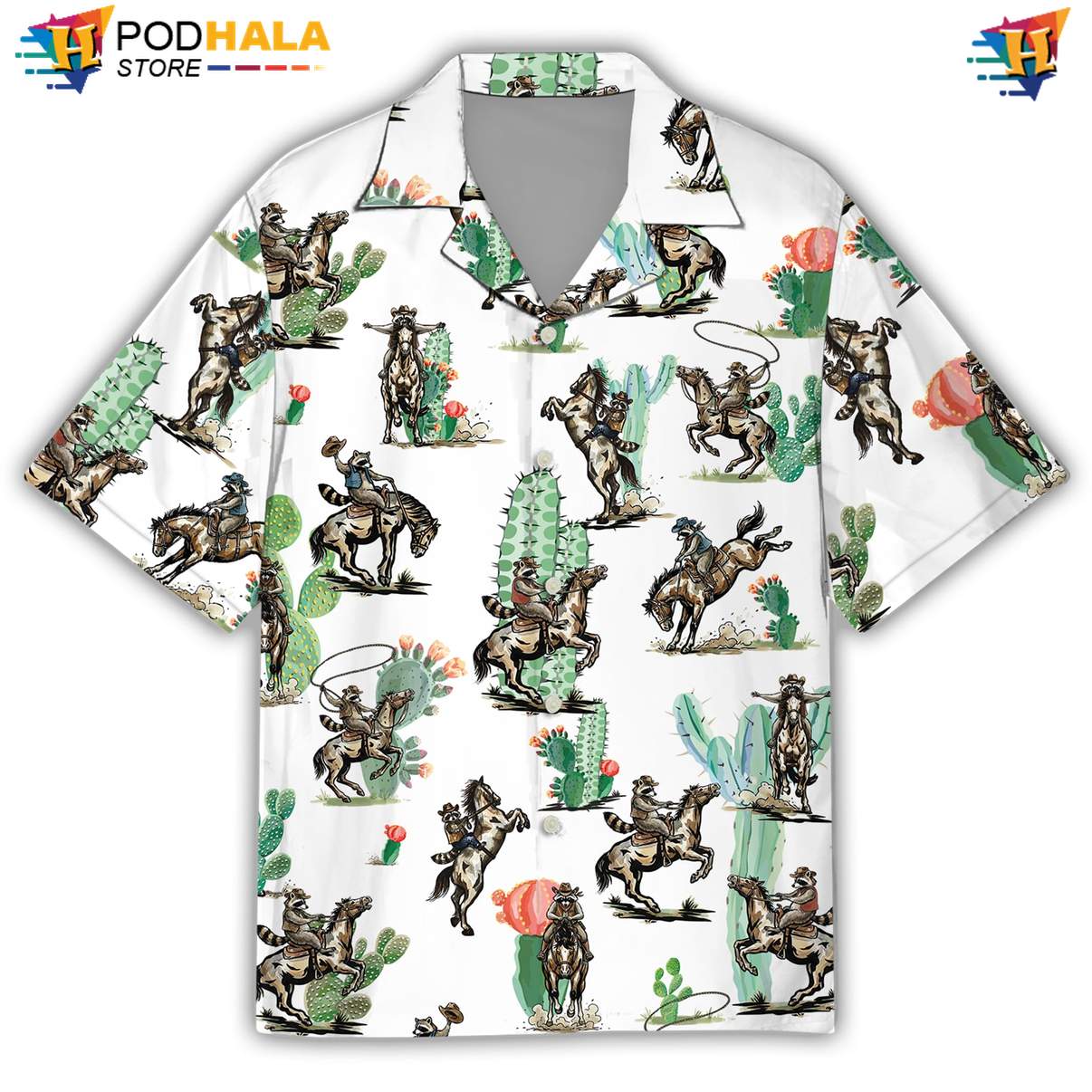 Raccoon Cowboy Hawaiian Shirt Mens Tropical Beach Button Down Resort Top