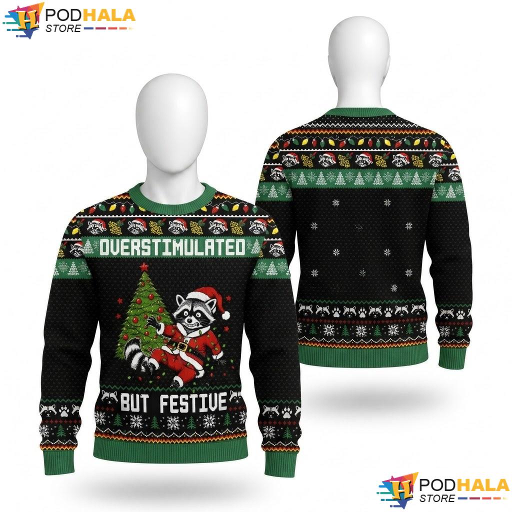 Raccoon Elf Candy Cane Holiday Sweater Festive Christmas Snowflake Top