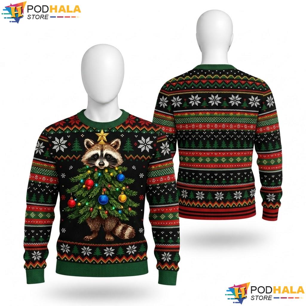 Raccoon Feral Festive Christmas Sweater Decorated Tree Holiday Top
