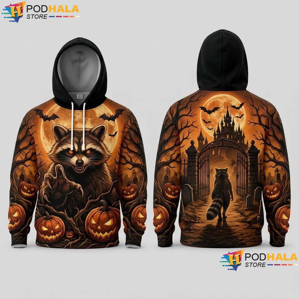 Raccoon Halloween 3D Printed Hoodie Scary Castle Spooky Pumpkin Animal