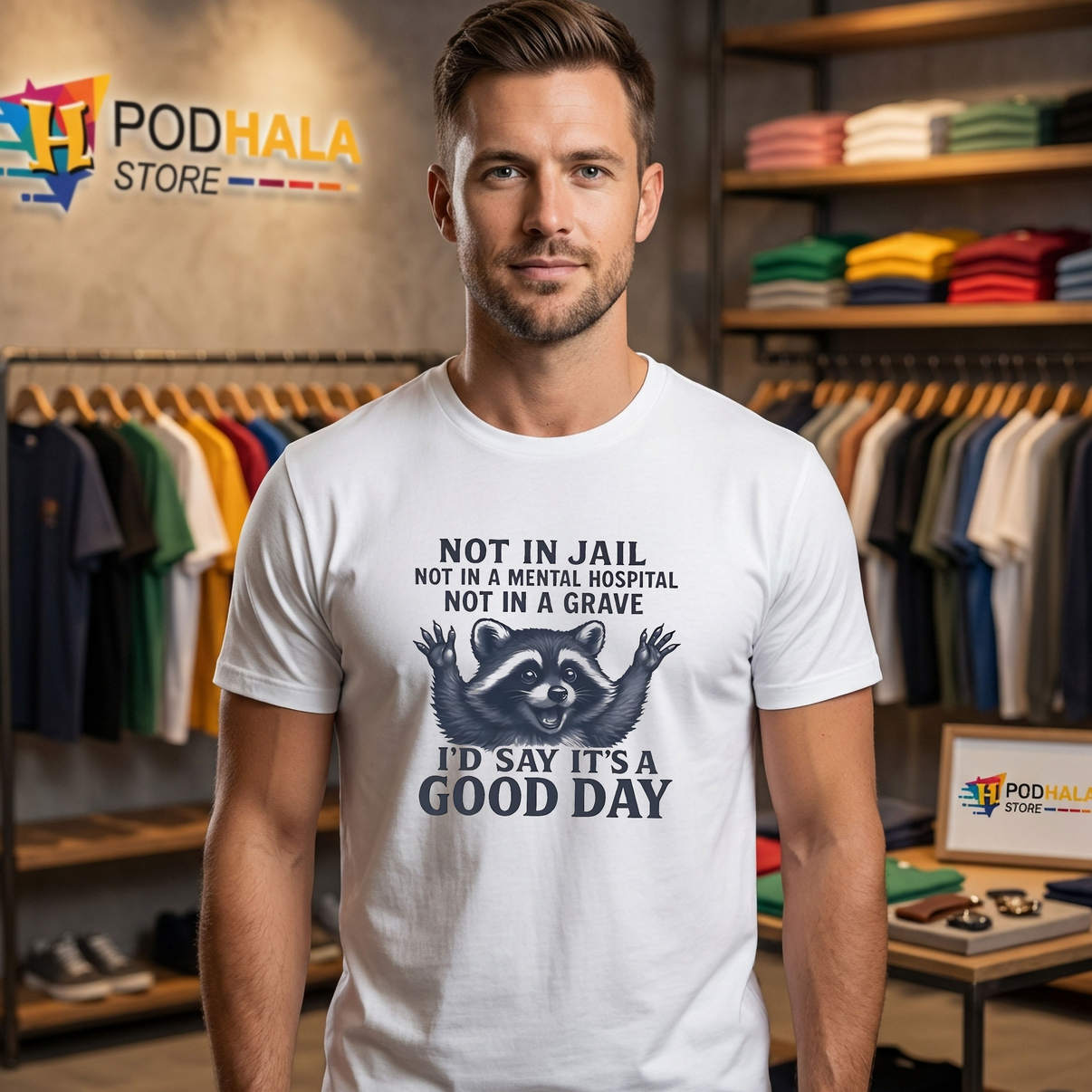 Raccoon Not In Jail Good Day Humor Shirt Funny Animal Meme Graphic Mens
