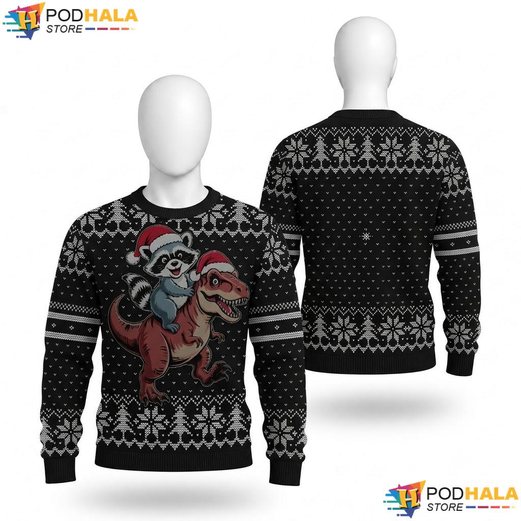 Raccoon Riding Dinosaur Ugly Christmas Sweater Funny Holiday Outfit