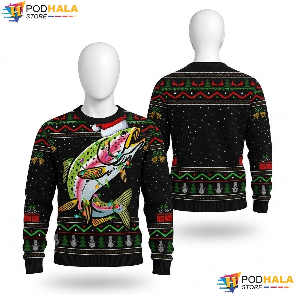 Rainbow Trout Fish Ugly Christmas Sweater Santa Lights Holiday Top