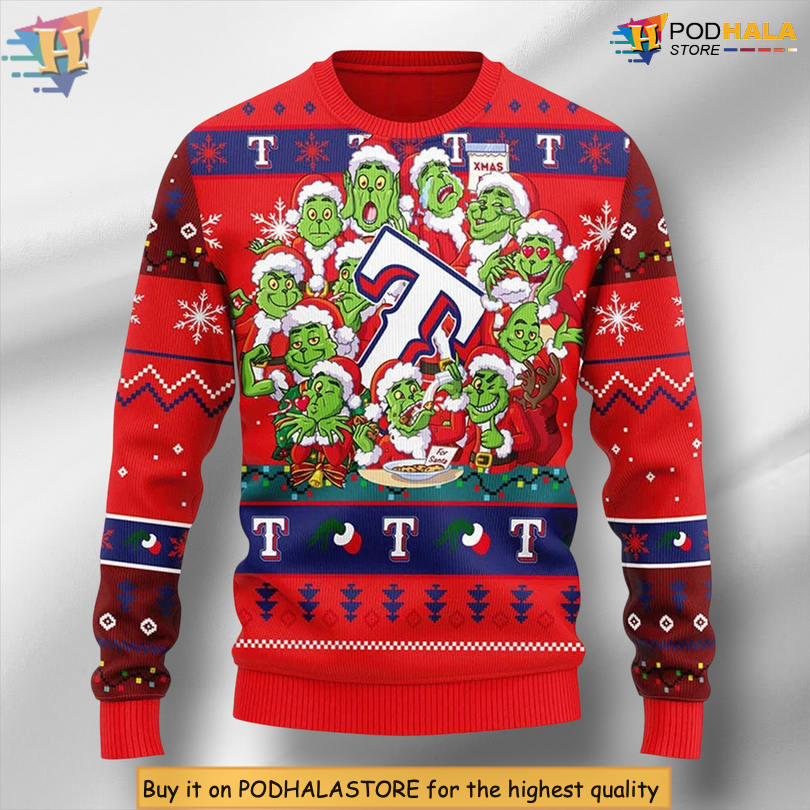Rangers Grinch Xmas Day Baseball Team Design Festive Holiday Ugly Sweater