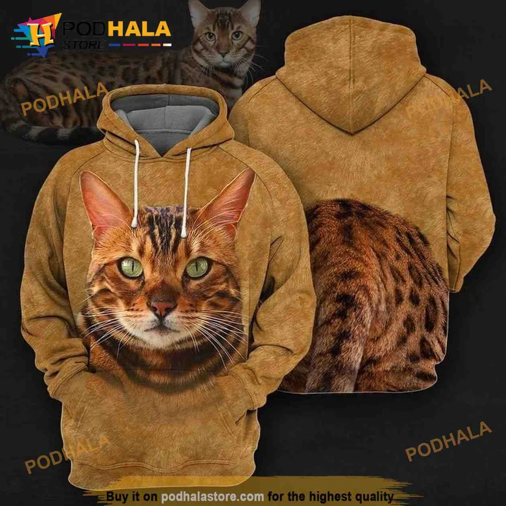 Realistic Cat Face 3d Hoodie Featuring Lifelike Design And Green Eyes