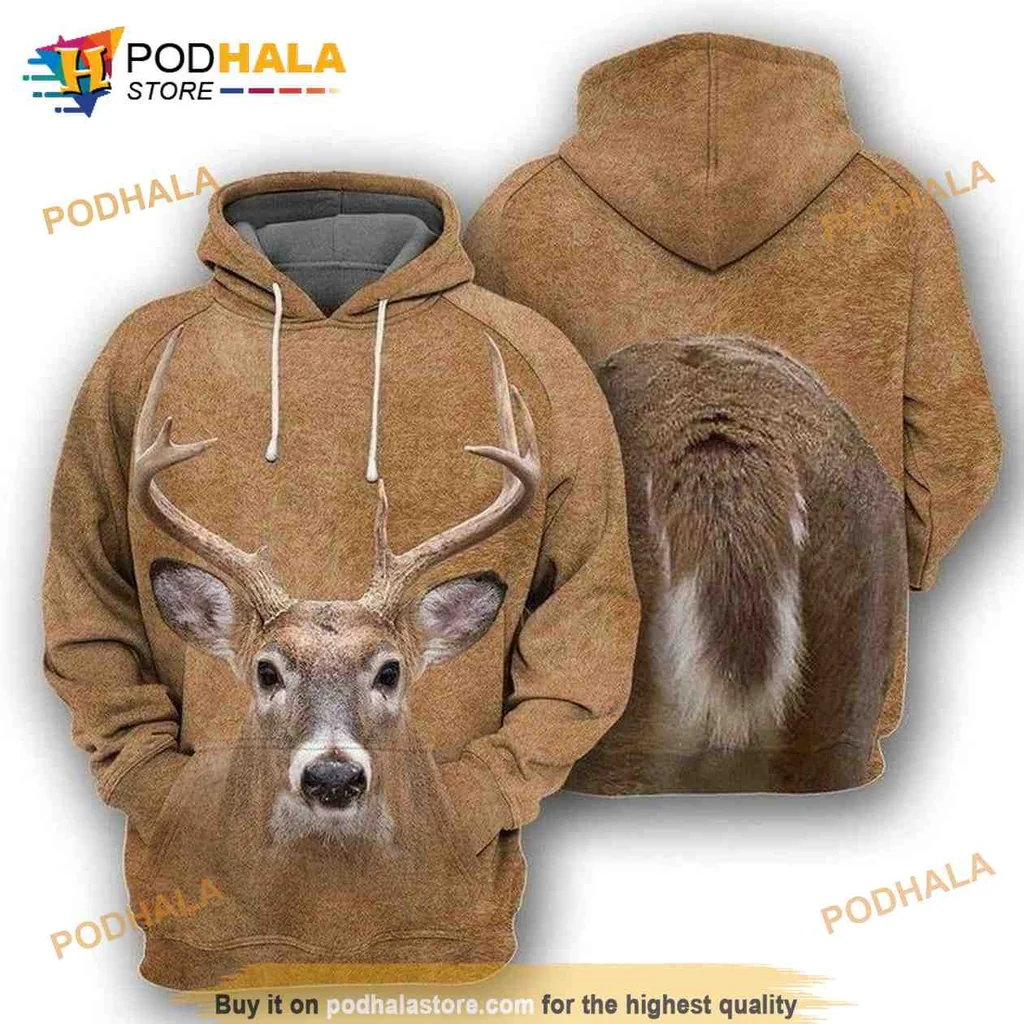 Realistic Deer Head 3d Hoodie Featuring Impressive Antlers And Earthy Tones