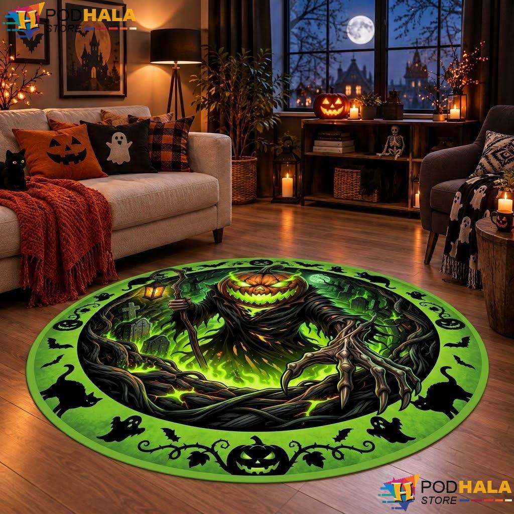 Reaper Spooky Pumpkin Halloween Round Area Rug Ghost Bat Skull Haunted