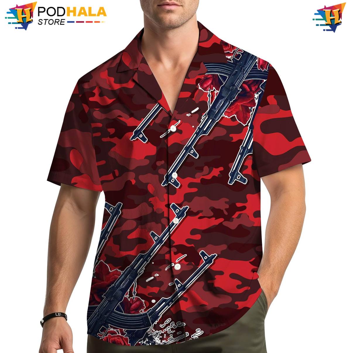 Red Camo Fire Hawaiian Shirt Mens Graphic Beach Festival Island Vibe Outfit