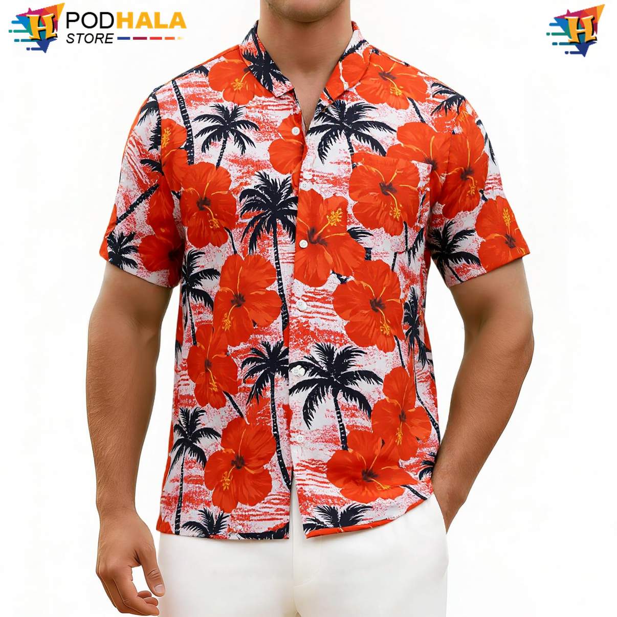 Red Coconut Tree Hawaiian Shirt Mens Floral Palm Summer Beach Lightweight