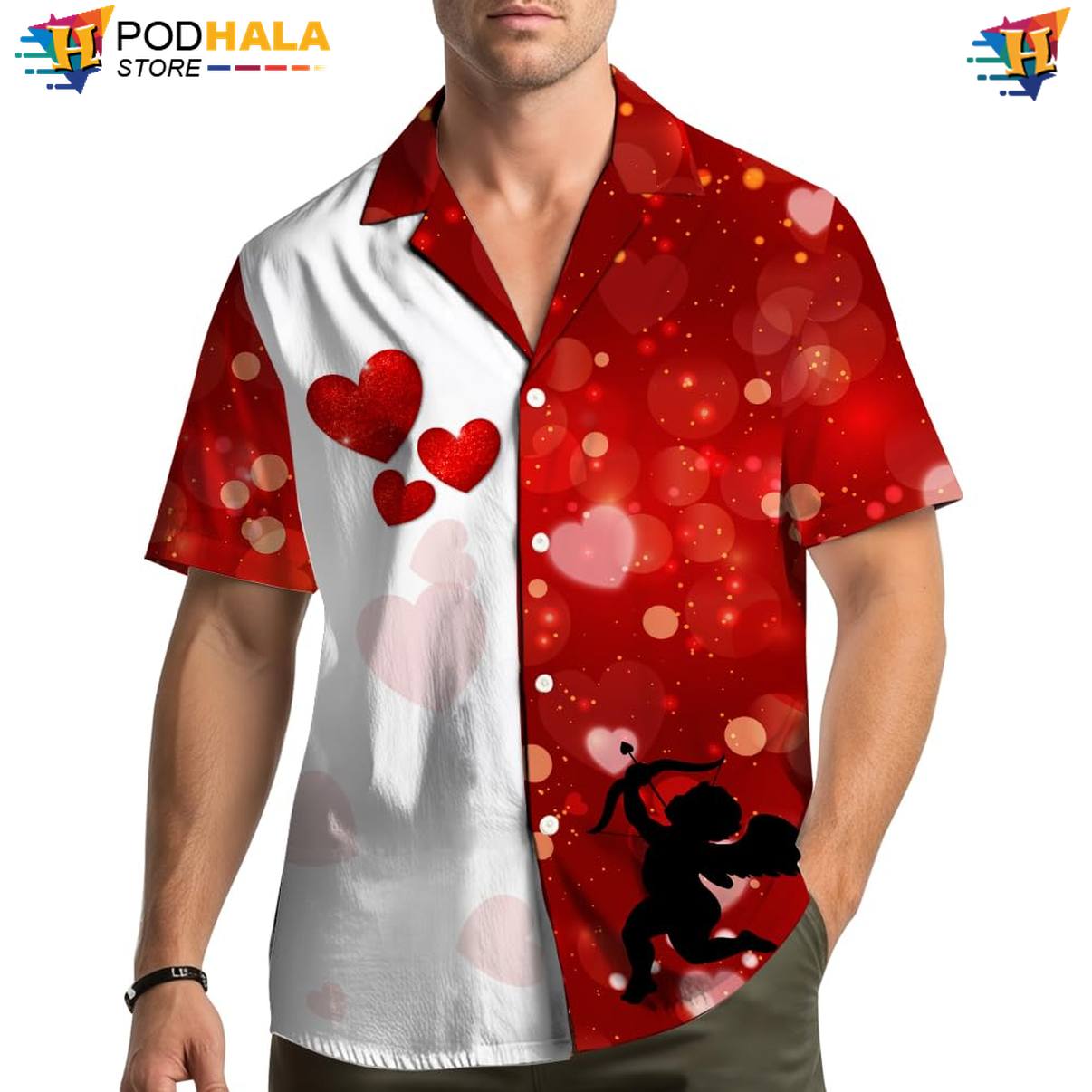 Red Cupid Aloha Shirt Mens Short Sleeve Button Down Summer Beach Apparel
