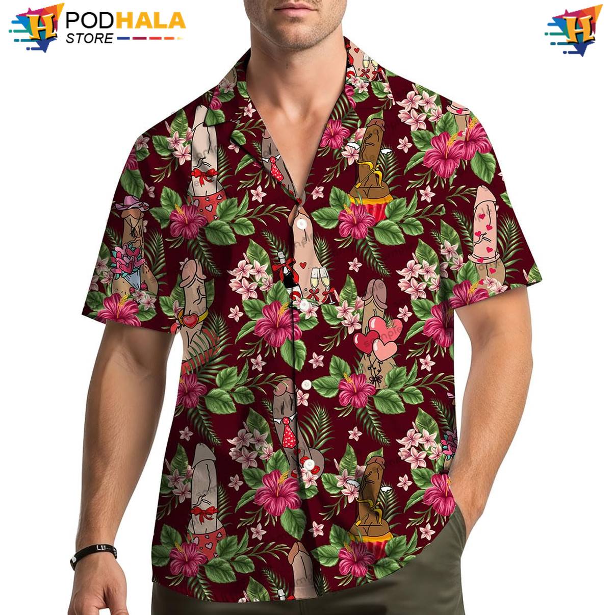 Red Dirty Humor Aloha Shirt Mens Short Sleeve Casual Summer Beach Outfit