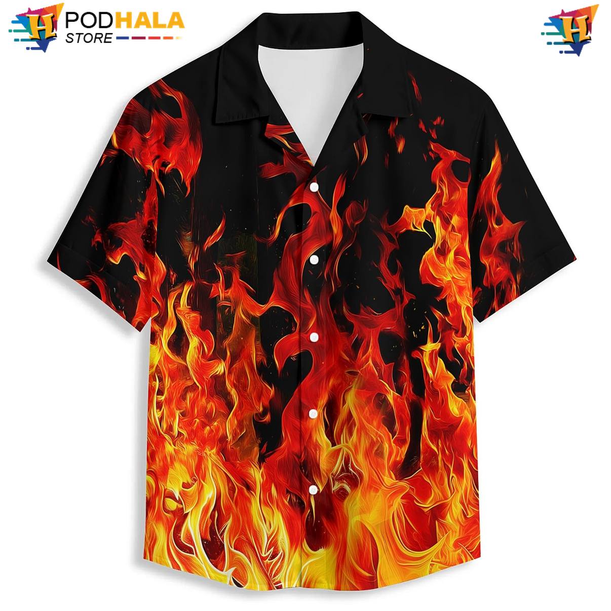 Red Flame Hawaiian Shirt Mens Novelty Resort Button Down Luau Party Outfit