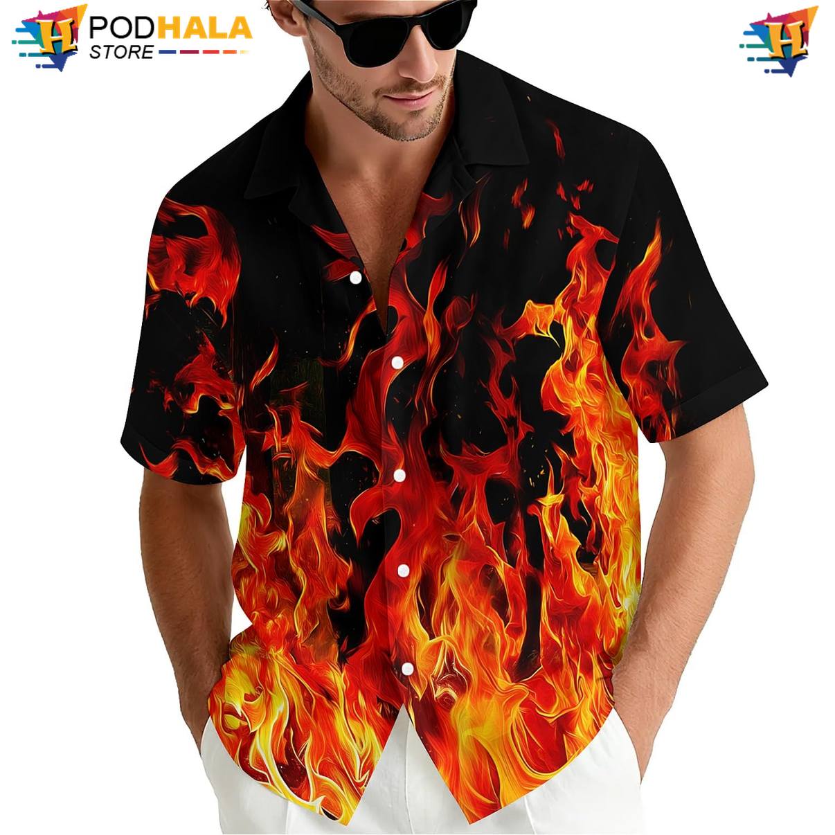 Red Flame Aloha Shirt Mens Novelty Resort Button Down Luau Party Outfit Red Flame Aloha Shirt Mens Novelty Resort Button Down Luau Party Outfit
