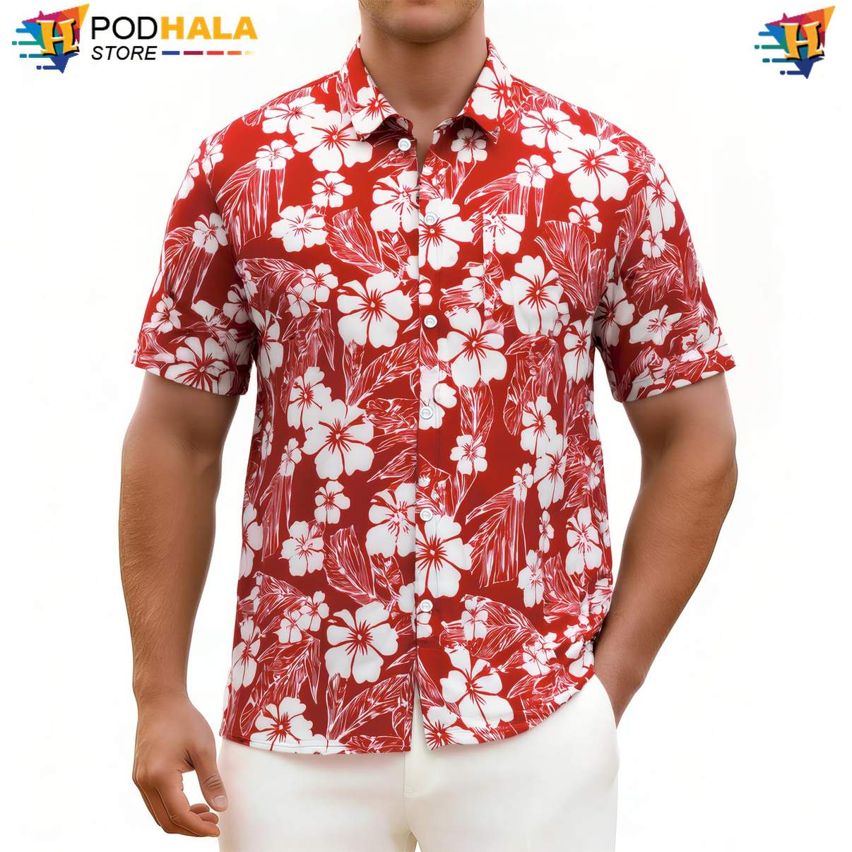 Red Floral Palm Aloha Shirt Mens Tropical Summer Beach Lightweight Top