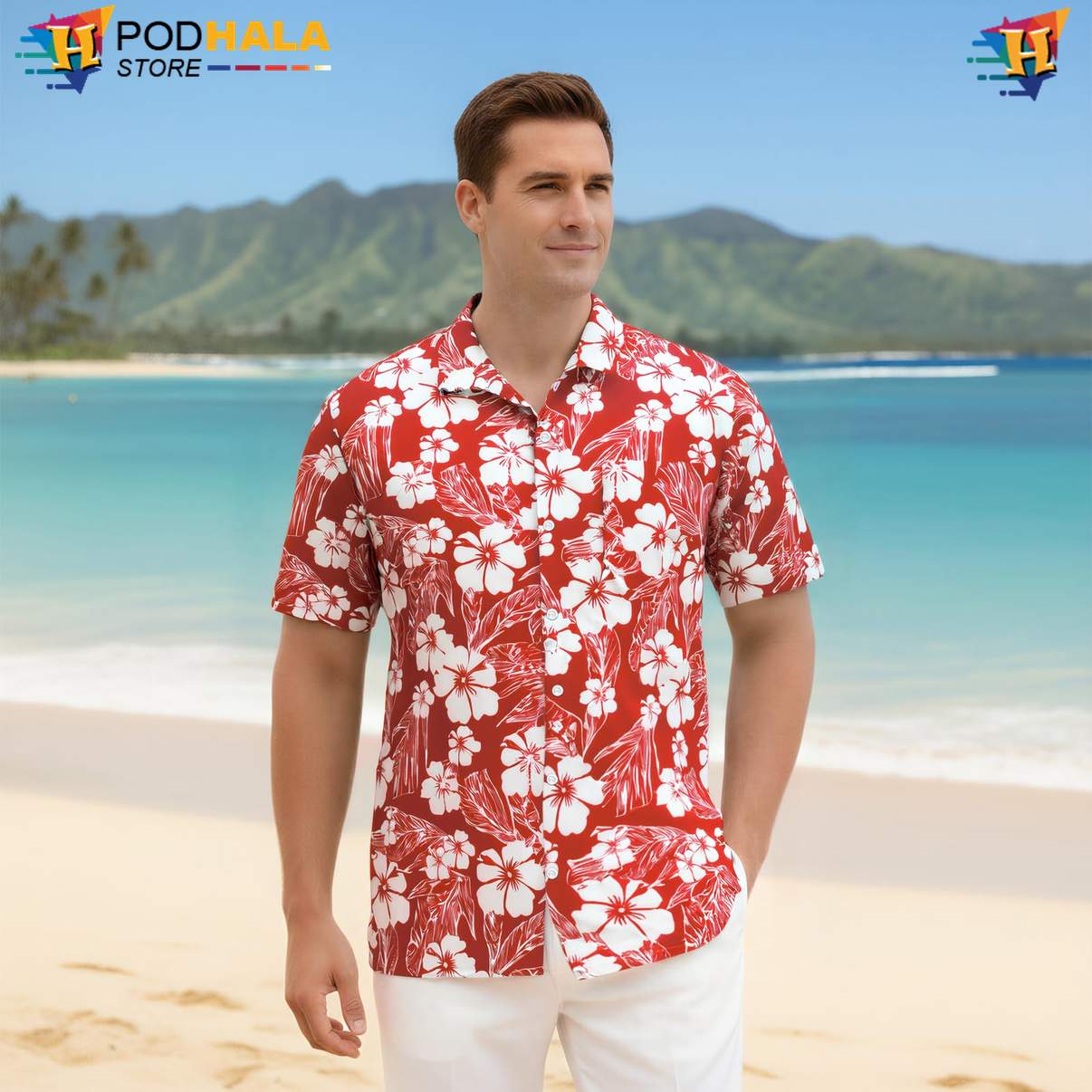 Red Floral Palm Tropical Shirt Mens Tropical Summer Beach Lightweight Top Red Floral Palm Tropical Shirt Mens Tropical Summer Beach Lightweight Top