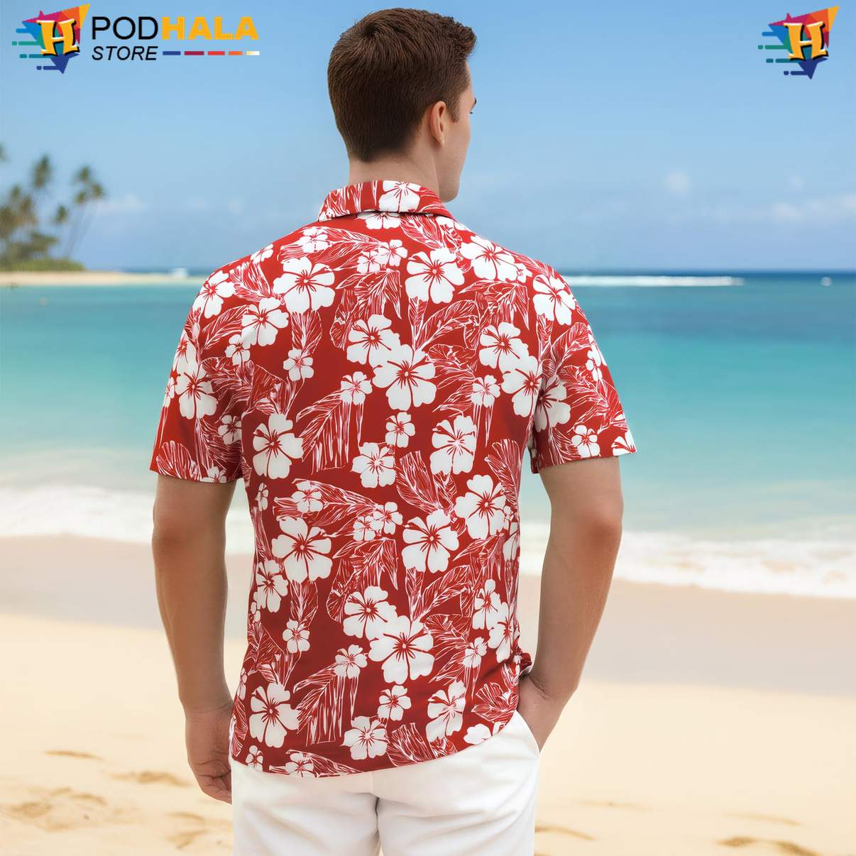 Red Floral Palm Short-sleeve button-up shirt Mens Tropical Summer Beach Lightweight Top Red Floral Palm Short-sleeve button-up shirt Mens Tropical Summer Beach Lightweight Top