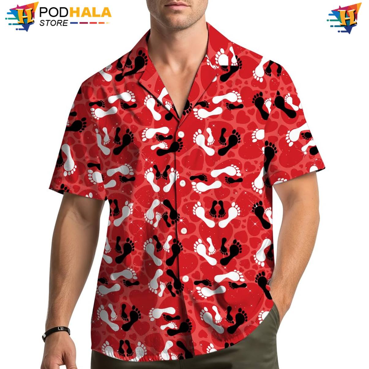 Red Footprint Aloha Shirt Mens Short Sleeve Button Down Summer Beachwear
