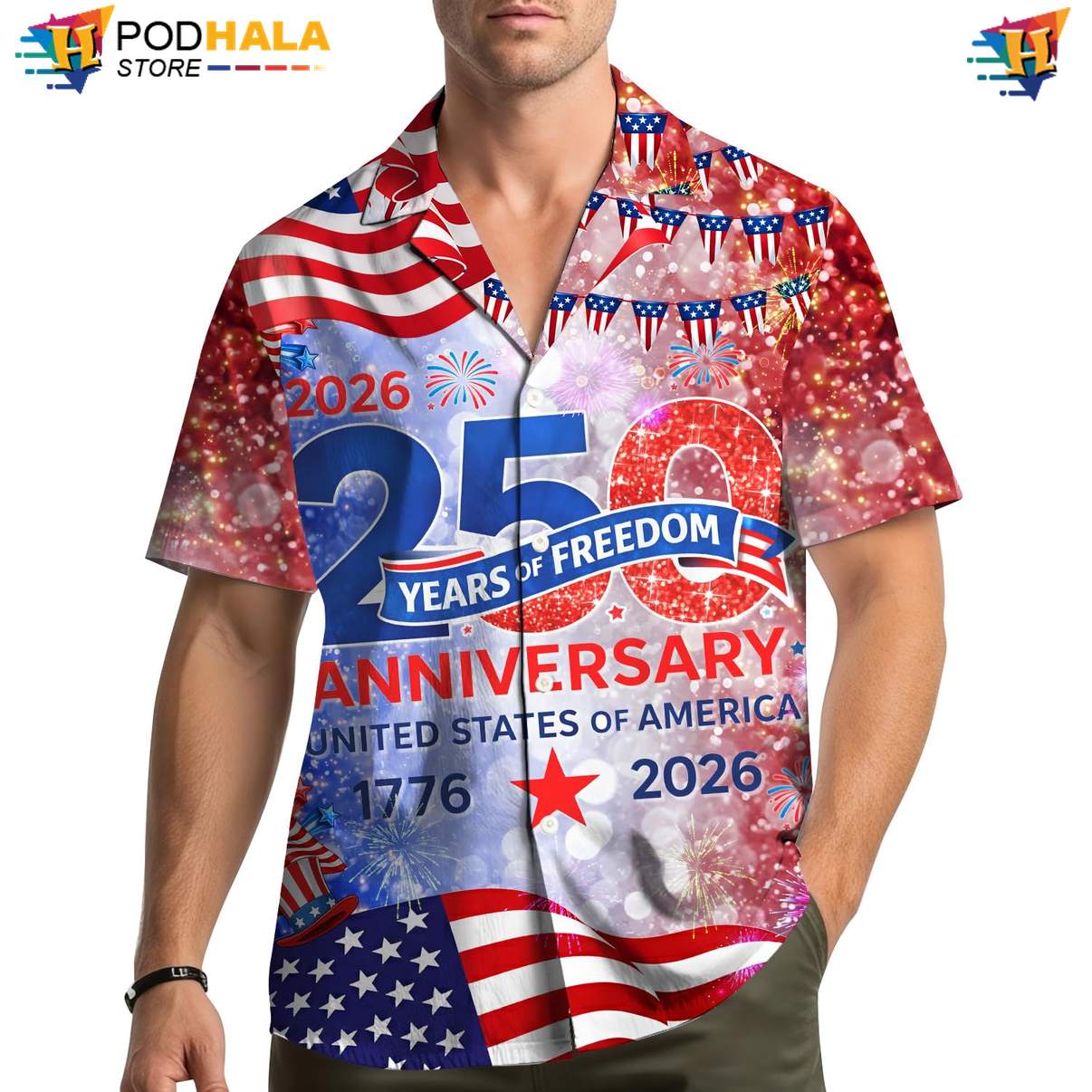 Red Independence 250th Aloha Shirt Mens USA Flag Fourth Of July Clothing