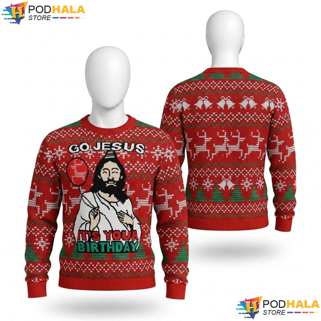 Red Jesus Playful Birthday Party Sweater Festive Christmas Mens Apparel