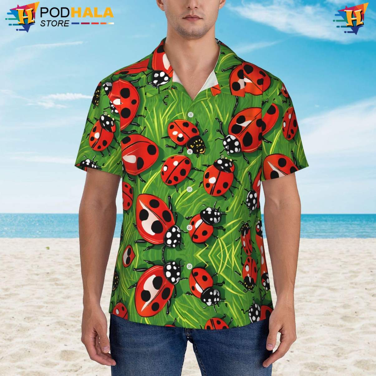 Red Ladybug Print Aloha Shirt Mens Casual Holiday Beachwear Island Vibe Top