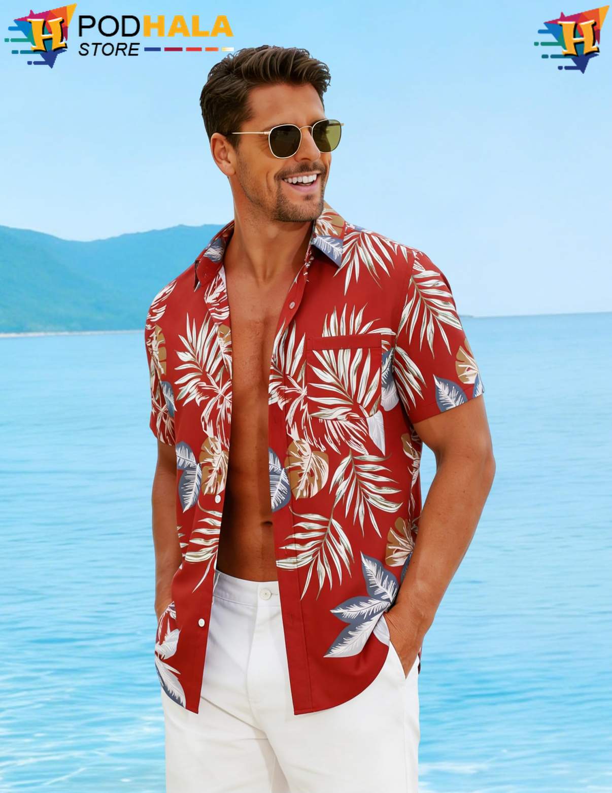 Red Leaf Aloha Shirt Tropical Mens Short Sleeve Casual Summer Beachwear Red Leaf Aloha Shirt Tropical Mens Short Sleeve Casual Summer Beachwear