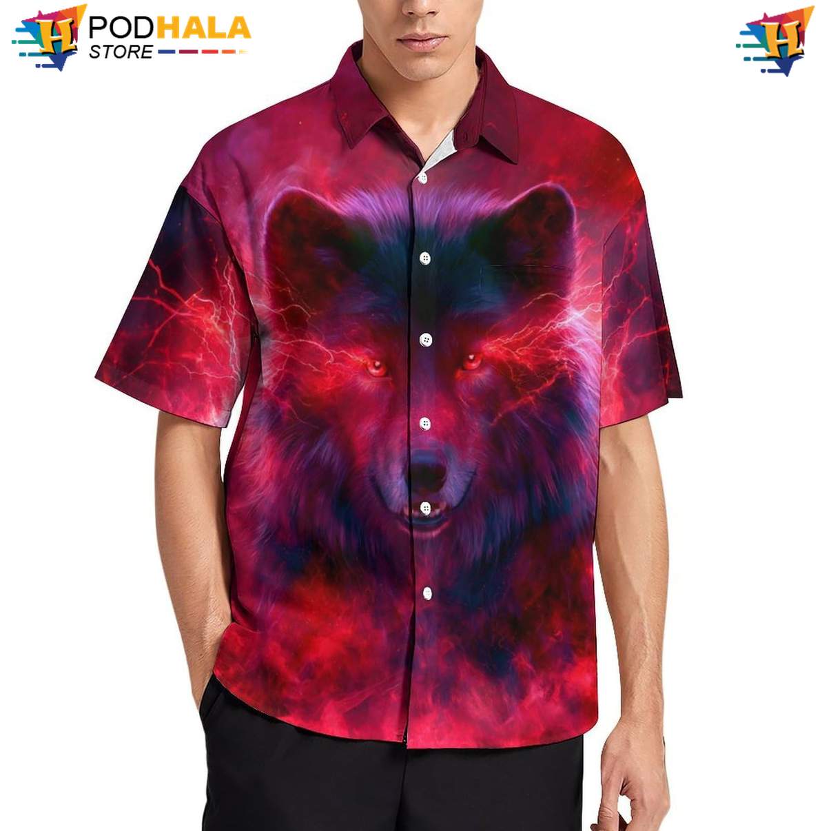 Red Lightning Wolf Hawaiian Shirt Mens Moon Cool Galaxy Print Beachwear